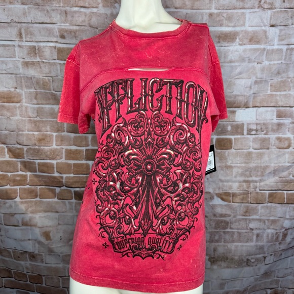 Affliction Women’s Graphic Short Sleeve Cut Out T-Shirt -Size: Medium -NWT - Picture 2 of 10